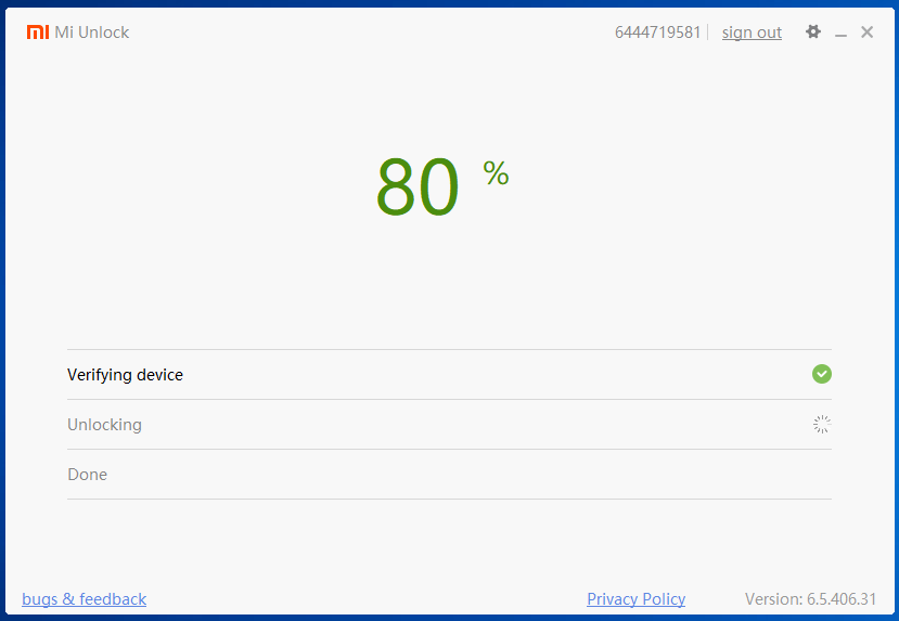 Mi Unlock tool "80%"