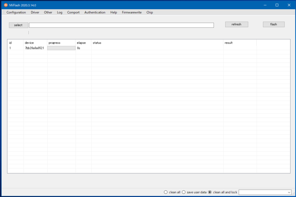 The MiFlash 2020.3.14.0 screen. id, device, and elapse. MiFlash 2020.3.14.0 の画面。 ID、デバイス、経過時間。